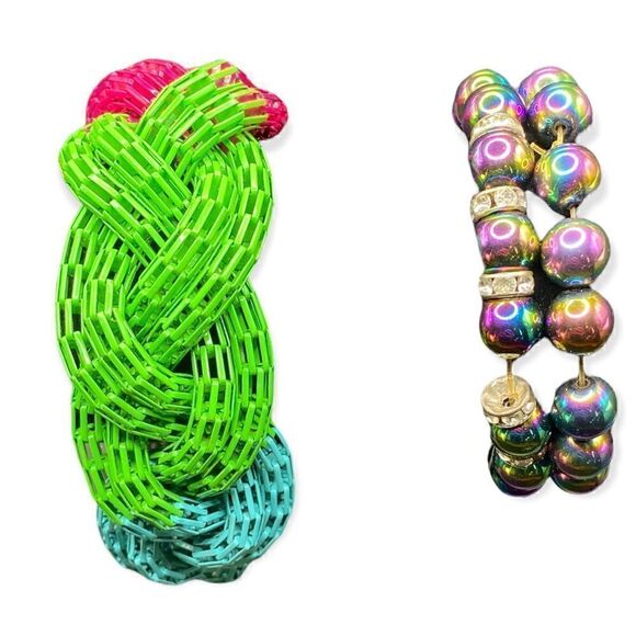 Two black iridescent magnetic stretch bracelets one braided mesh bangle - Picture 2 of 6